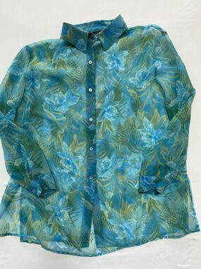 Notations Woman 2X Blouse Sheer Blue Tropical Floral Button Up Boho Coastal Y2K